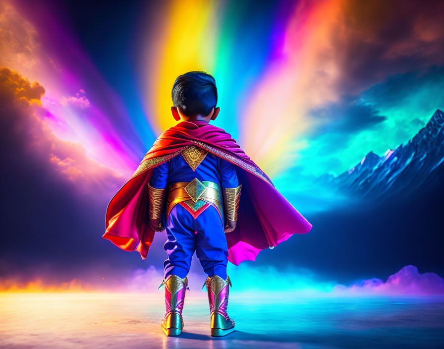 Child in superhero costume with rainbow lights and misty mountains.