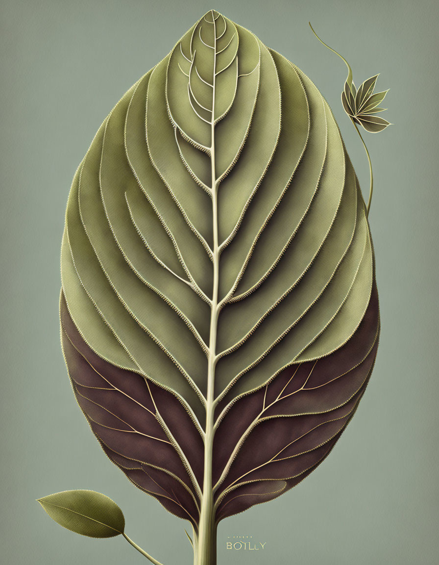 Detailed Stylized Leaf Illustration with Vein Patterns on Muted Background