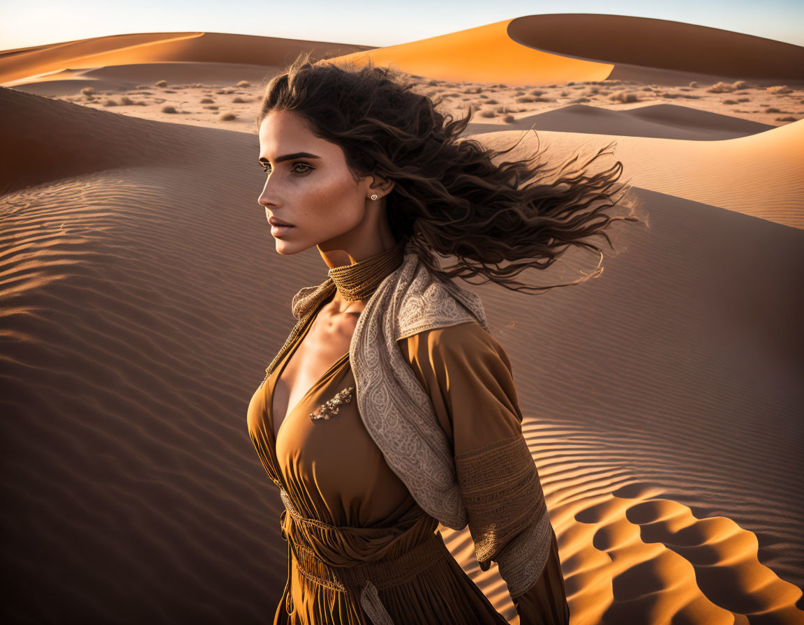 Stylish woman in flowing outfit in desert at sunset