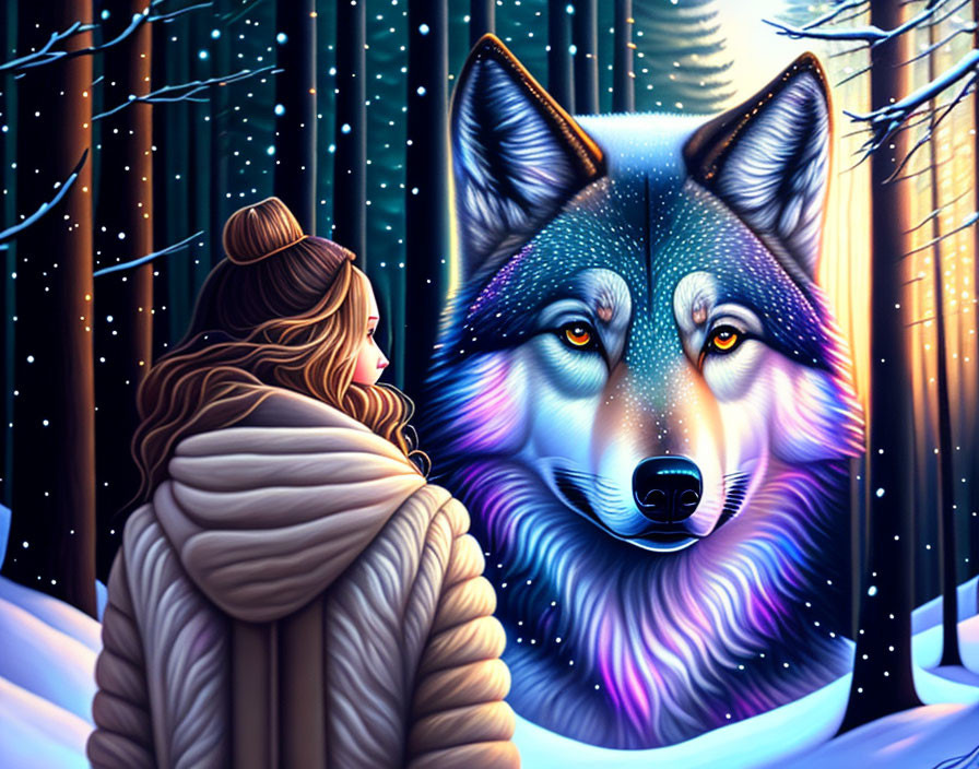 Digital artwork: Woman in winter coat with wolf in snowy forest