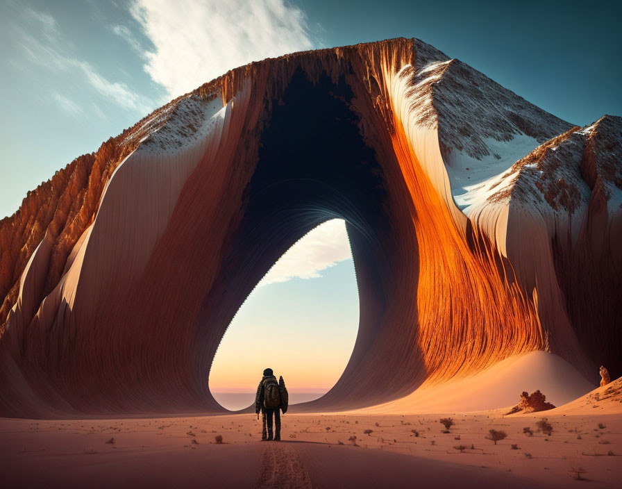 Sunset illuminates person before majestic desert sandstone formation