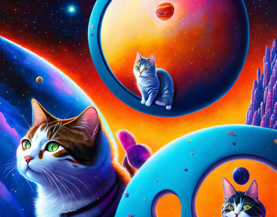 Three cats on planets in vibrant cosmic scene