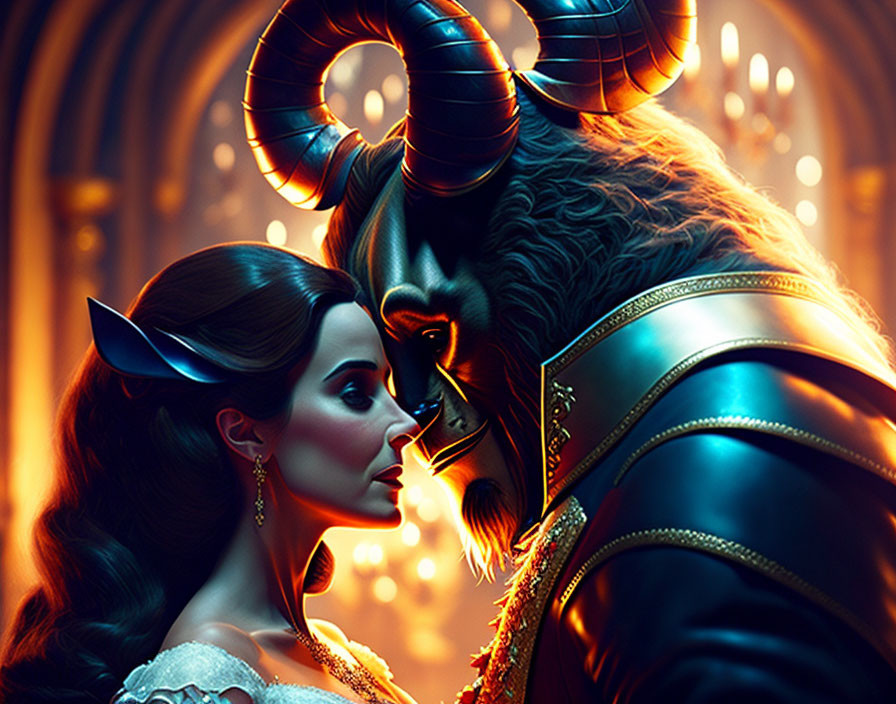 Fantasy art: Woman with elfin features and beast in regal attire in intimate candlelit scene