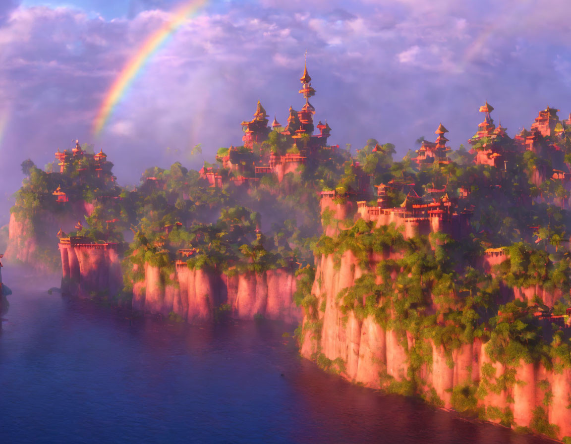 Traditional Architecture Cityscape Under Rainbow on Cliff Side