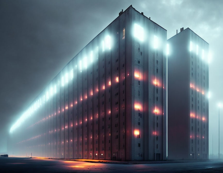 Industrial building with illuminated windows under moody sky at dusk or dawn