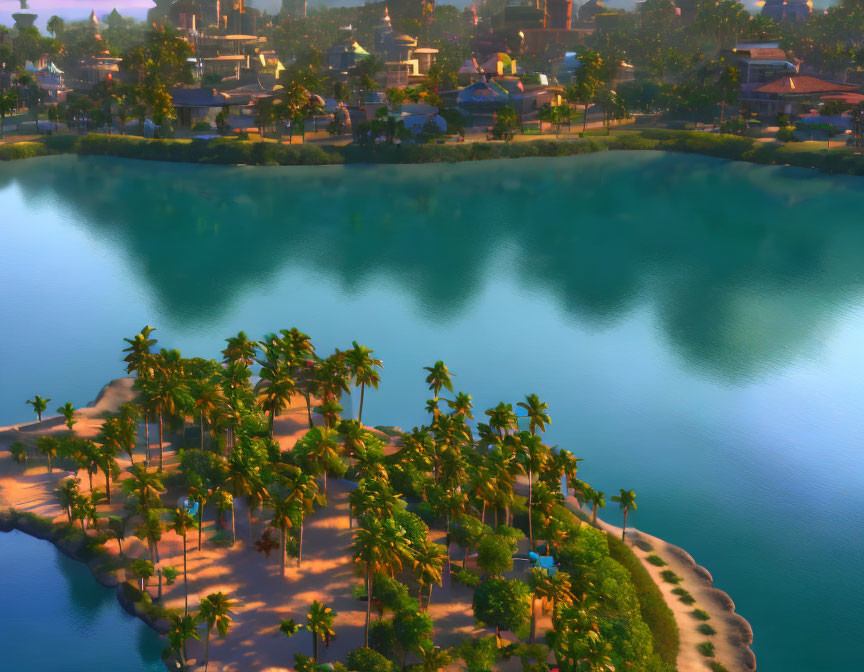 Tropical Island Oasis with Palm Trees and Coastal City Sunset