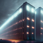 Industrial building with illuminated windows under moody sky at dusk or dawn