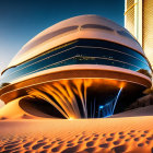 Futuristic dome-like building amidst desert skyscrapers in warm sunlight