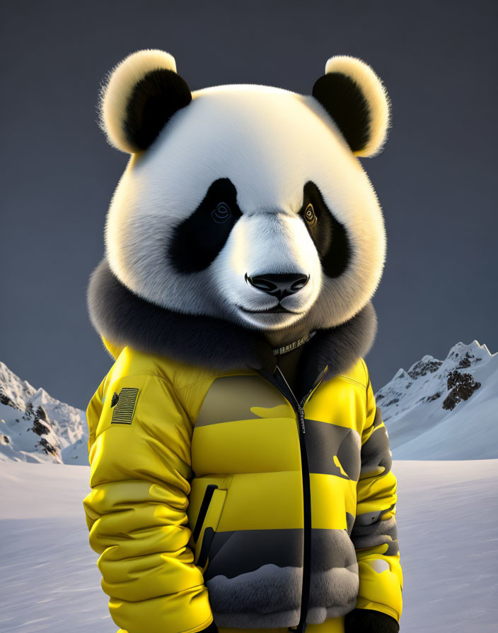 Stylized panda in yellow puffer jacket against snowy mountain