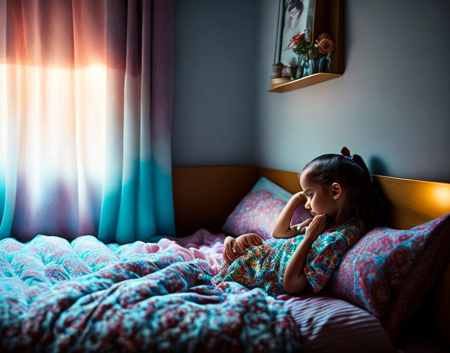 Pensive young girl on bed in dimly lit room with colorful blanket