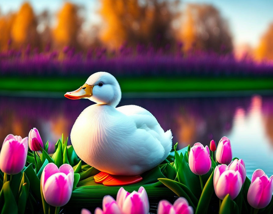 White Duck Surrounded by Pink Tulips at Calm Pond