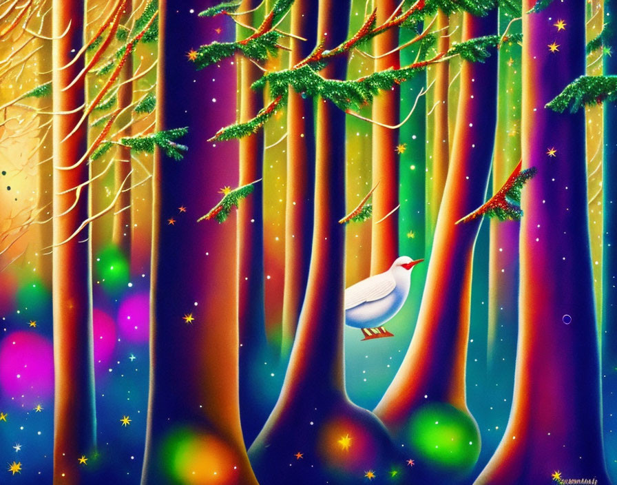 Illustration of mystical forest with colorful lights, white bird, and star sparkles