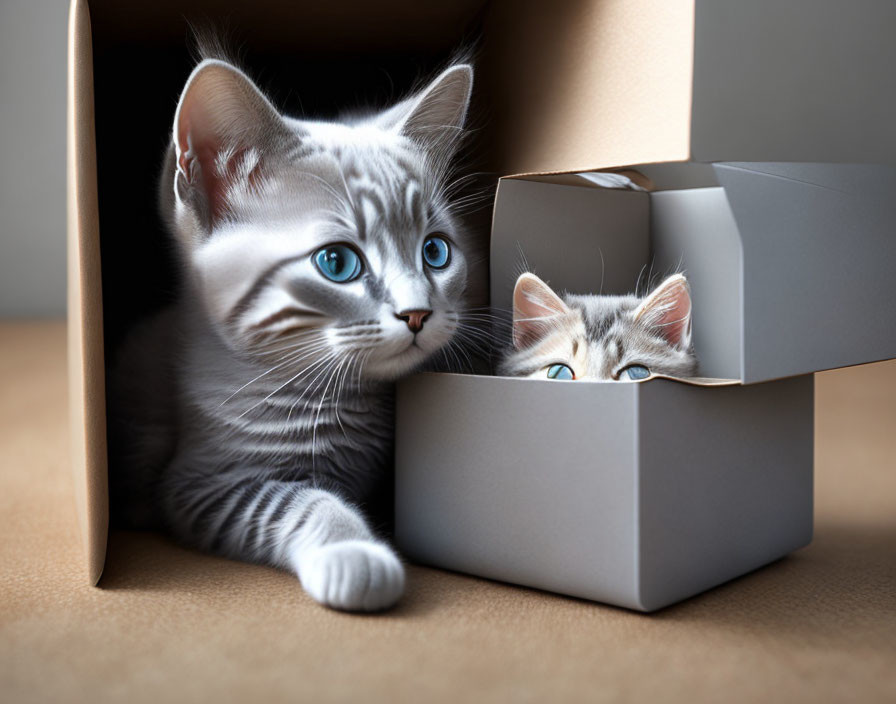 Grey and White Kittens Playing with Cardboard Box