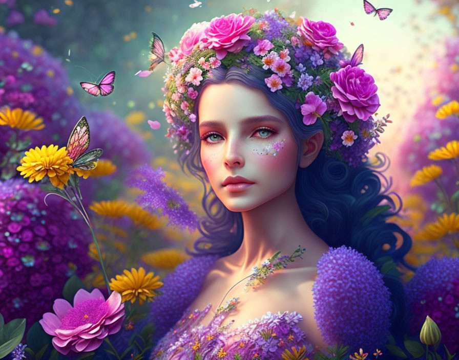 Woman with Floral Wreath and Butterflies in Vibrant Purple Flowers