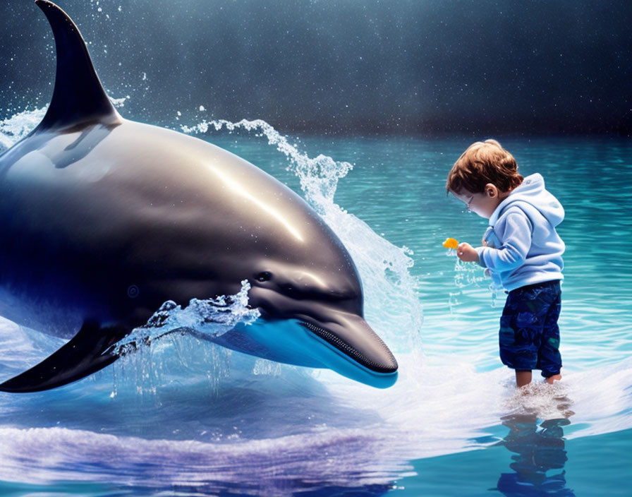 Child in hoodie reaching out to playful dolphin at water's edge