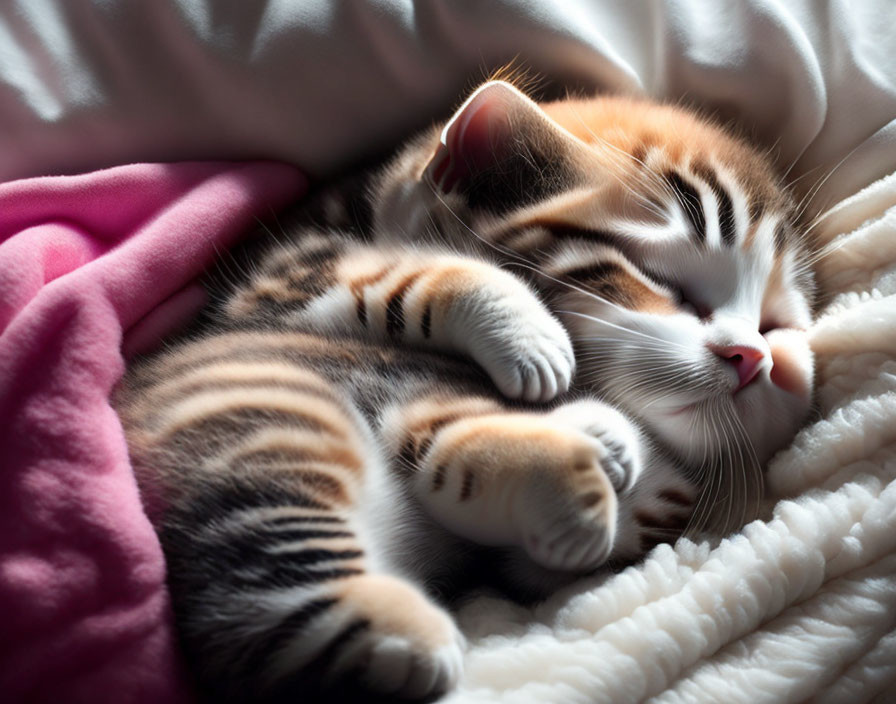 Tabby Kitten Sleeping on Soft White Blanket with Pink Fabric