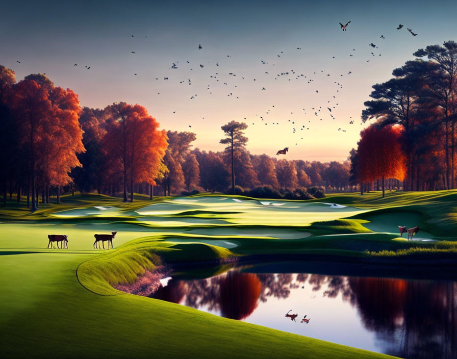 Tranquil Sunset Golf Course with Autumnal Trees & Wildlife