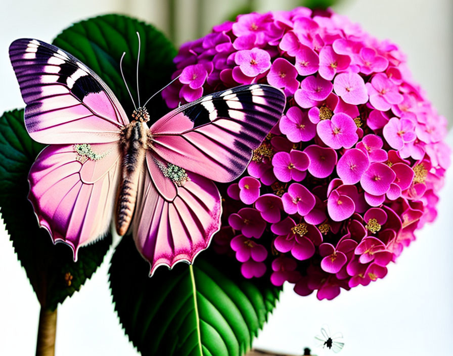 Pink and White Butterfly on Pink Hydrangea Bloom with Green Leaves