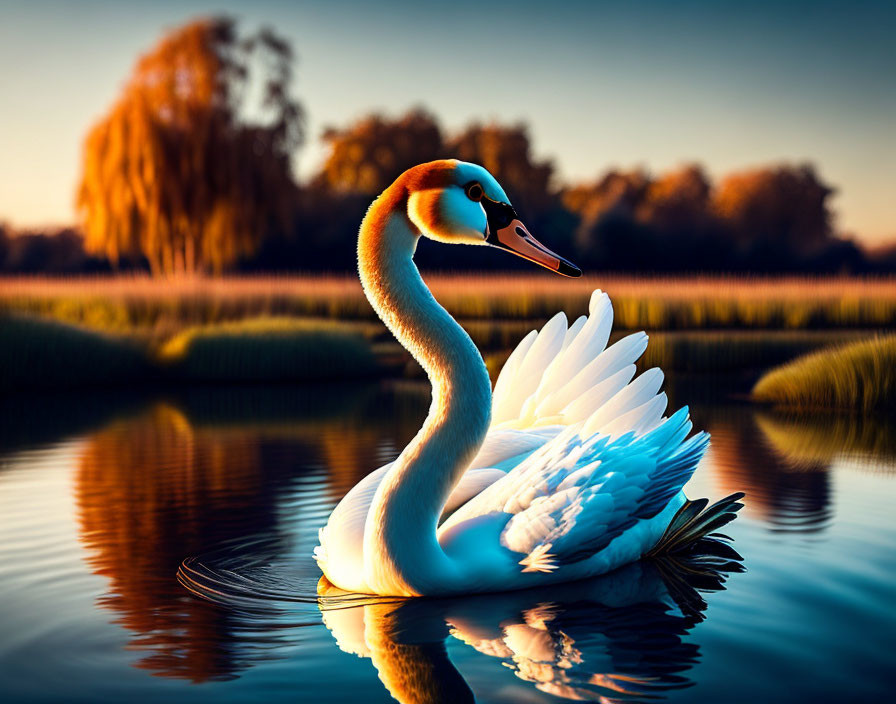 Swan on Tranquil Water at Vibrant Sunset