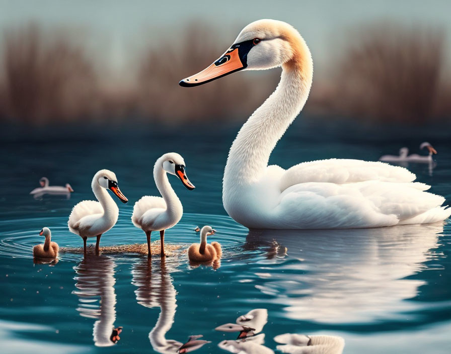 Adult swan with cygnets and feathers on serene blue water