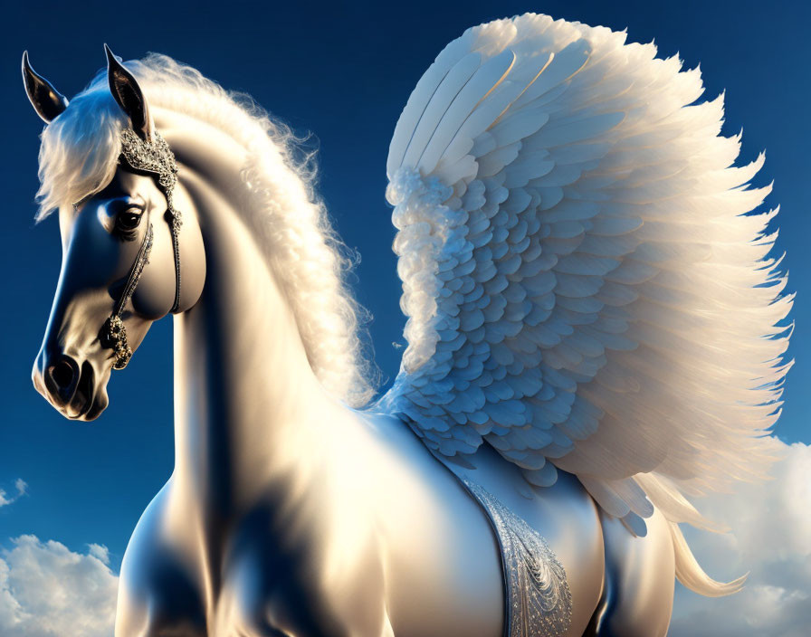 Digital artwork: Majestic Pegasus with white mane and wings against blue sky