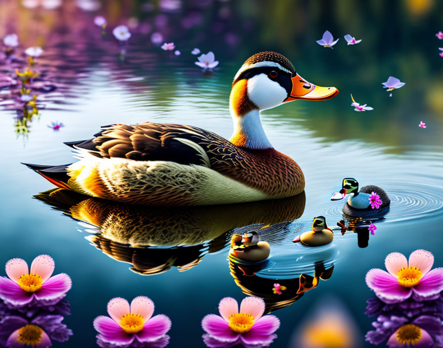 Colorful Duck with Ducklings on Serene Water Surface and Purple Flowers