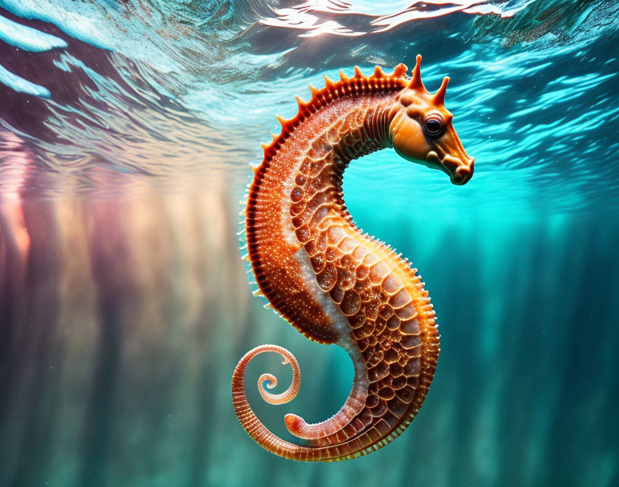 Orange Seahorse Swimming in Tranquil Blue Underwater Scene