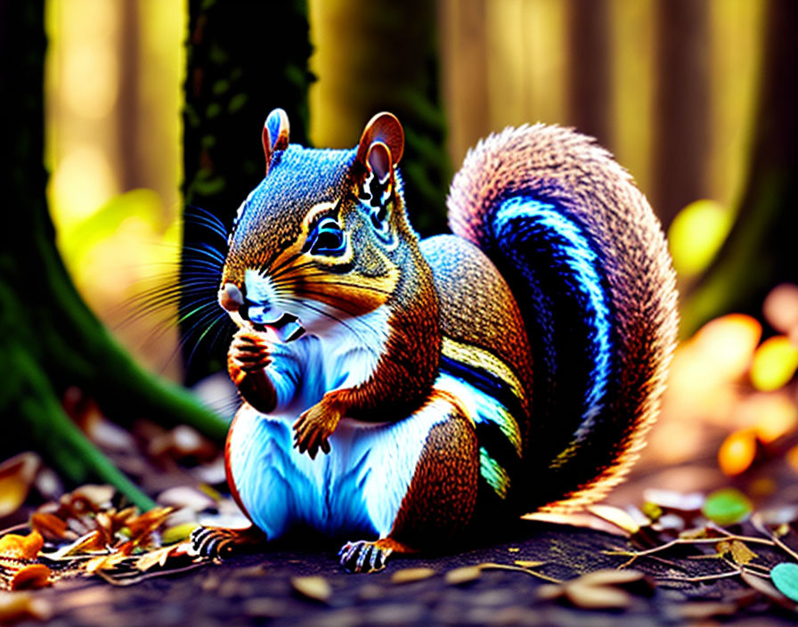 Colorful squirrel with bushy tail eating in vibrant setting