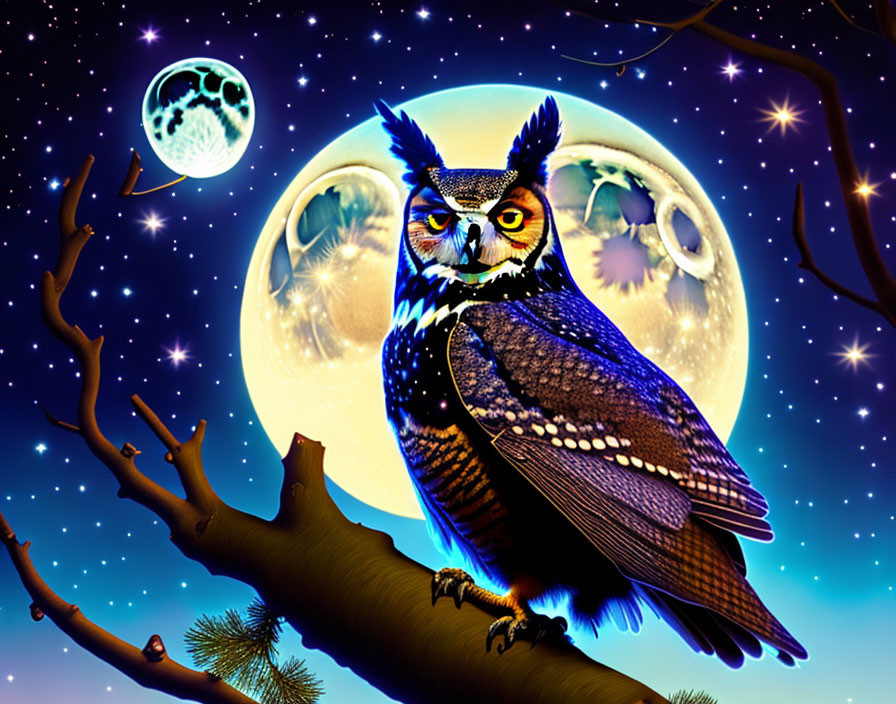 Colorful Owl Perched on Branch Under Starry Night Sky