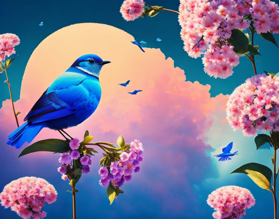 Blue bird on branch surrounded by pink flowers and colorful sky