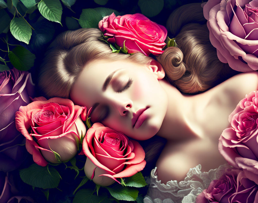 Serene woman surrounded by lush pink and red roses