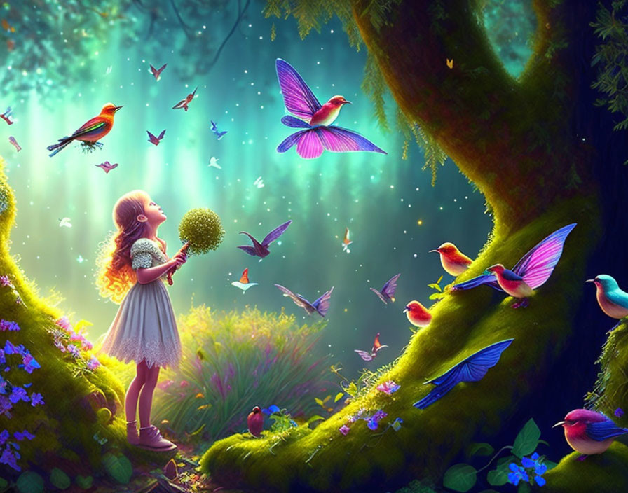 Young girl in forest with dandelion, colorful birds, and magical glow