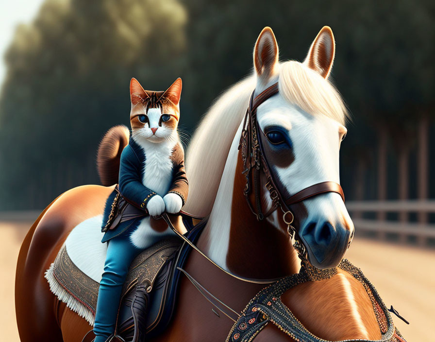 Confident cat sitting on horse against natural backdrop