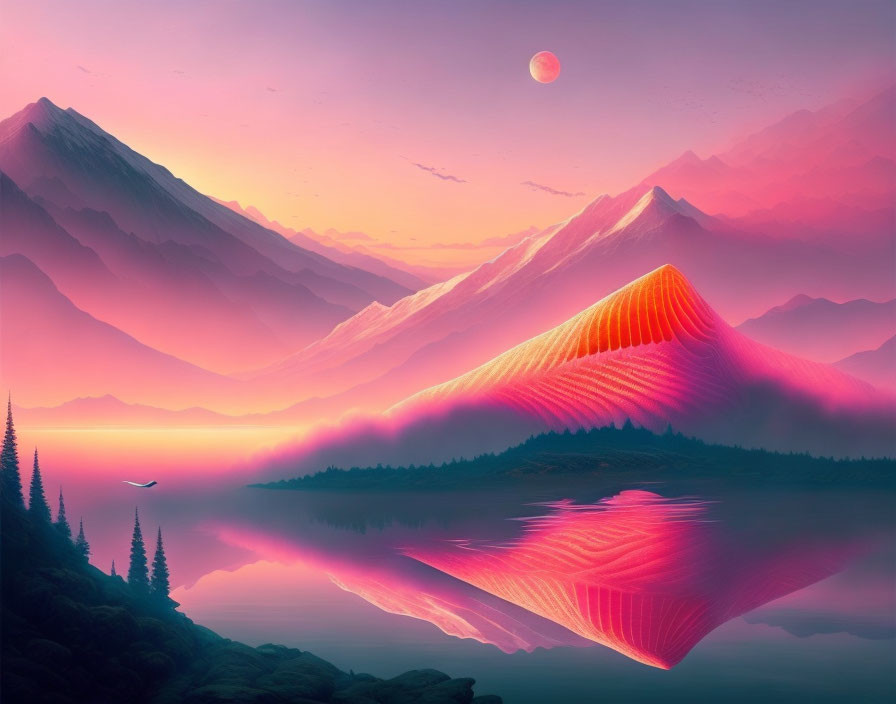 Digital landscape with pink hues, reflective lake, surreal mountain, pine trees, bird, pastel sky