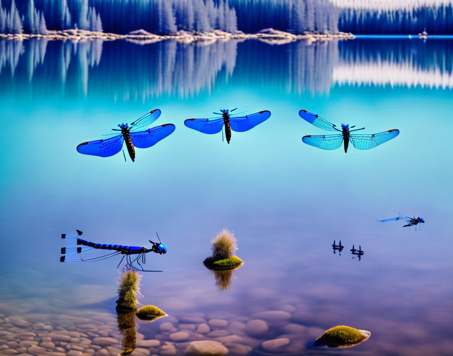 Blue Dragonflies Hovering Over Tranquil Lake with Forest Reflections