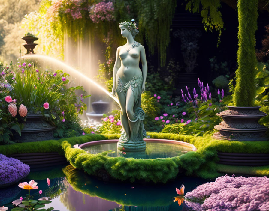 Woman Statue in Lush Garden by Pond