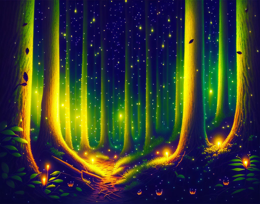 Enchanting forest path with fireflies and aurora lights