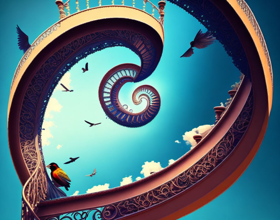 Surreal illustration: Infinite spiral staircase under blue sky with birds.