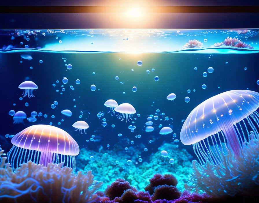 Underwater scene: Bioluminescent jellyfish, bubbles, vibrant coral reef, sunset-lit