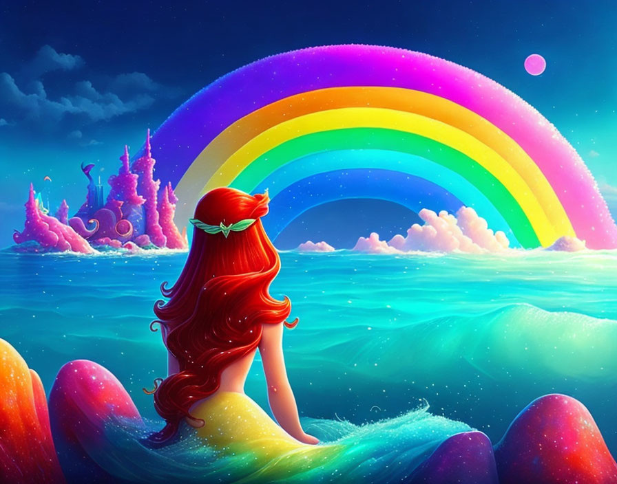 Red-haired female character admires rainbow over magical ocean with pink castles.