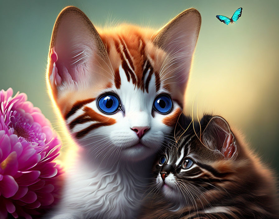 two cats, flowers and a butterfly 