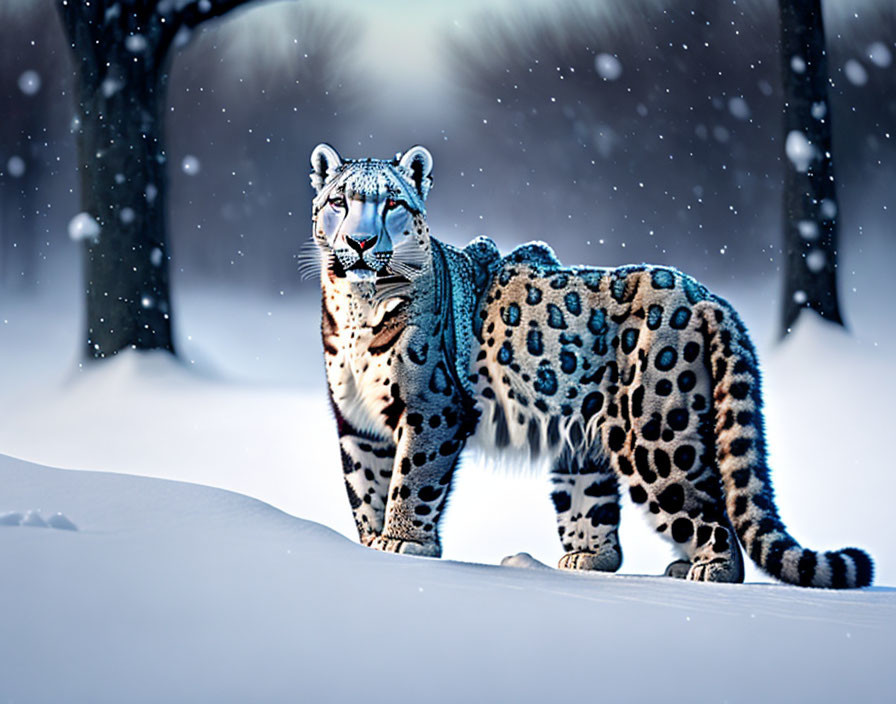 Snow leopard camouflaged in snowy landscape with falling snowflakes among trees