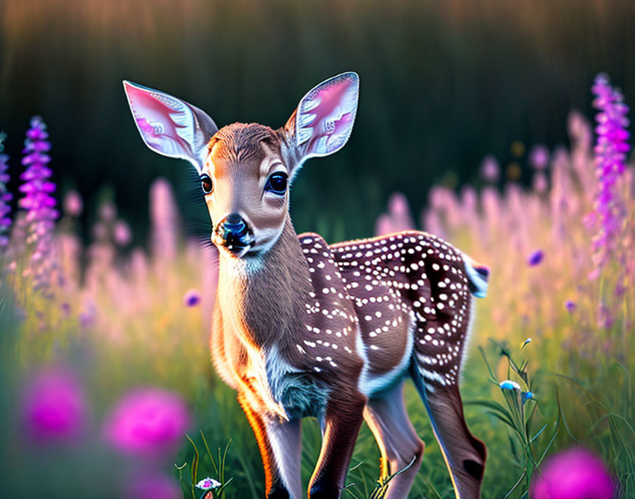 Young fawn in wildflowers at dusk with vibrant purple flora