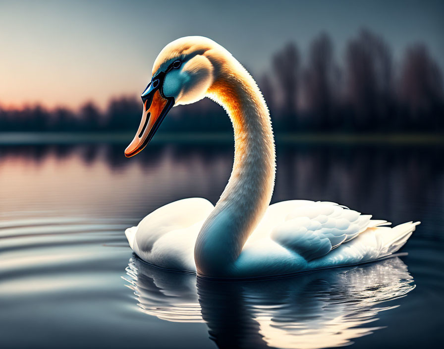 Graceful Swan Floating on Calm Water at Sunset