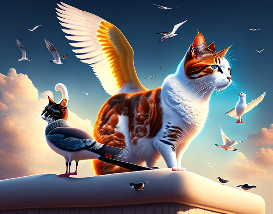 Winged cat and bird-tailed feline on rooftop at sunset