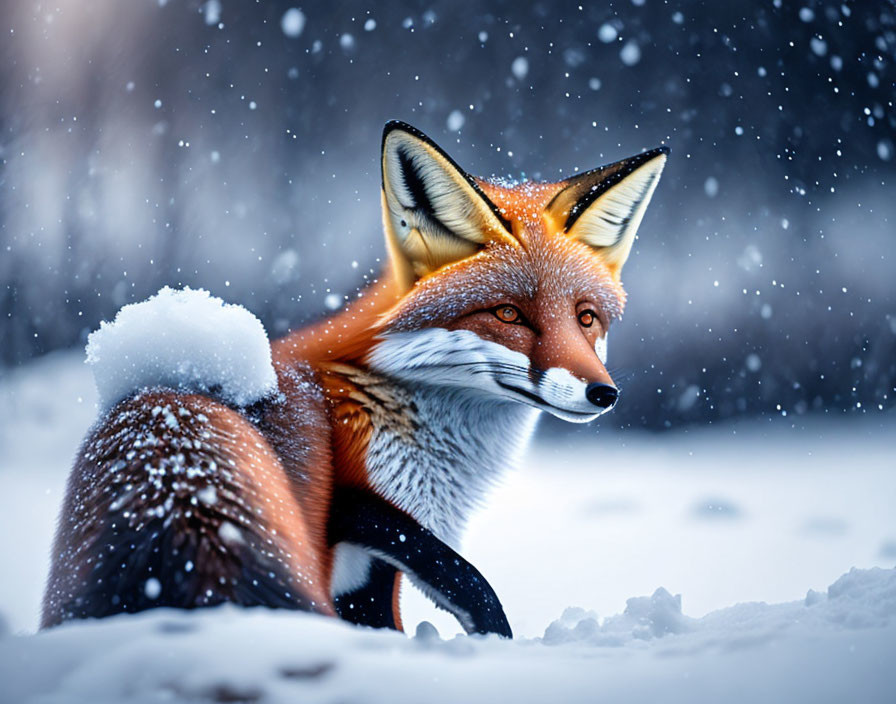 Red fox in snowy landscape with falling snowflakes, alert with bushy snow-covered tail