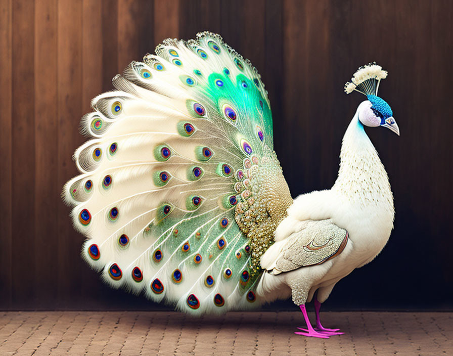 White peacock showcasing vibrant eyespots on dark wooden background