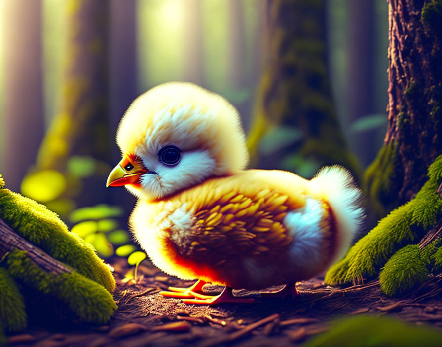 Fluffy yellow chick in forest setting with sunbeams