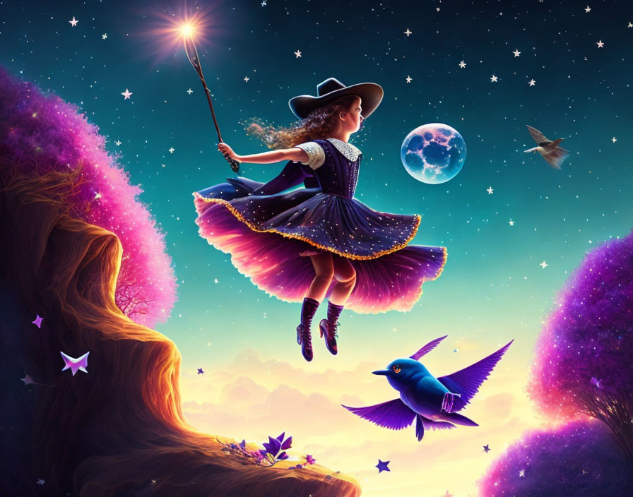 Illustration of girl in witch costume flying on broomstick in cosmic scenery