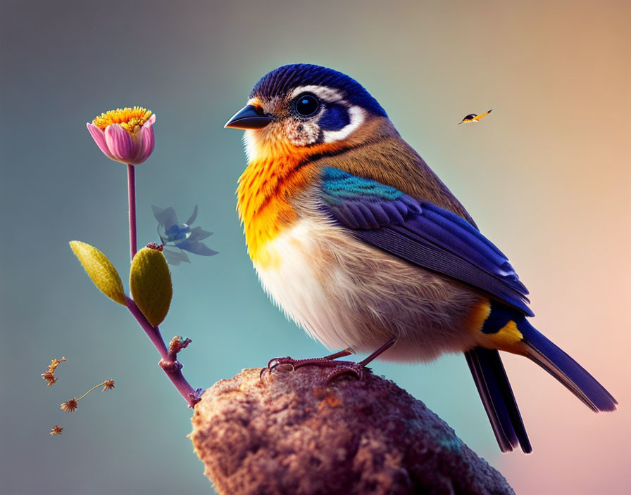 Colorful Bird Perched on Branch with Flower Bud and Flying Insects